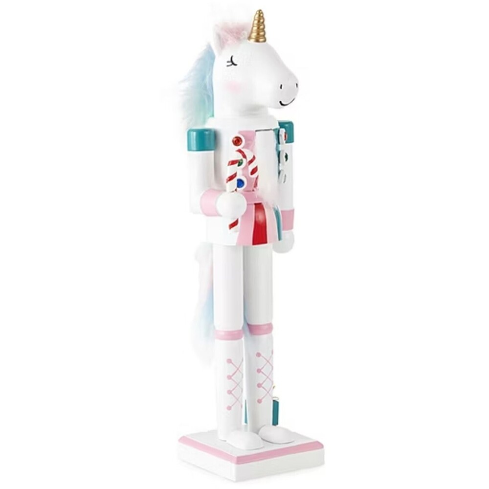 Wooden Christmas Nutcracker, 14", PINK,RED,WHITE UNICORN WITH CANDY CANE 603, NP